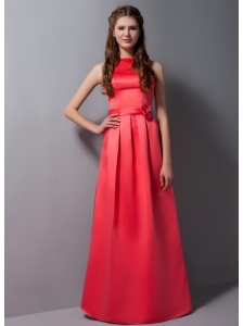 Modest Coral Red Bateau Satin Bridesmaid Dress with Sash