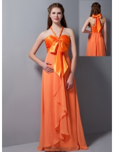 Customize Orange Red Empire Halter Ruch Bridesmaid Dress Floor-length Taffeta and Chiffon