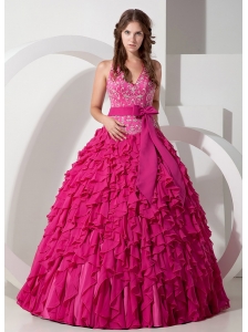 Exclusive Hot Pink Ball Gown Halter Quinceanera Dress Chiffon Embroidery Floor-length