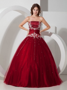 Wine Red Quinceanera Dress Strapless Satin and Tulle Appliques and Beading