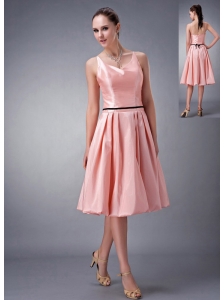Custom Made Baby Pink A-line / Princess V-neck Knee-length Taffeta Sash Bridesmaid Dress