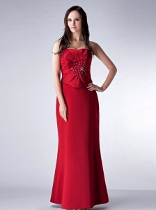 Custom Made Red Column Strapless Bridesmaid Dress Satin Beading Floor-length