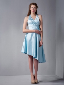 Customize Baby Blue A-line Halter Asymmetrical Ruch Bridesmaid Dress Elastic Woven Satin