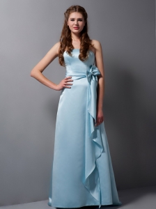 Customize Baby Blue Column Strapless Bridesmaid Dress Satin Bow Brush Train