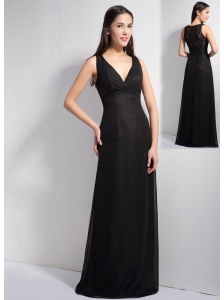 Customize Black Column V-neck Floor-length Bridesmaid Dress Elastic Wove Satin and Chiffon