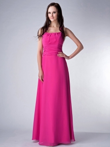 Customize Hot Pink Empire Square Bridesmaid Dress Chiffon Ruch Floor-length