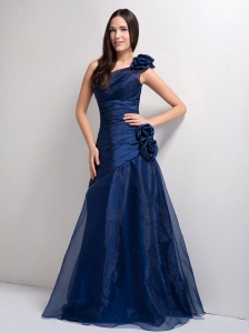 Customize Peacock Blue A-line One Shoulder Hand Made Flowers Bridesmaid Dress Floor-length Tafeta and Organza