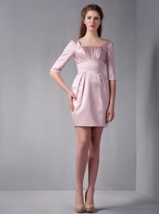 Customize Pink Column Square Ruch Bridesmaid Dress Mini-length Satin
