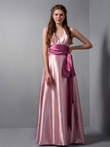 Customize Pink Column V-neck Sash Bridesmaid Dress Floor-length Elastic Woven Satin