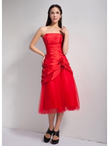 Customize Red A-line Strapless Hand Made Flowers Bridesmaid Dress Tea-length Taffeta and Tulle