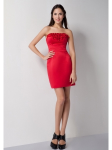 Customize Red Column Strapless Hand Made Flowers Bridesmaid Dress Mini-length Elastic Woven Satin