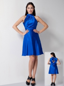 Customize Royal Blue A-line High-neck Bridesmaid Dress Knee-length Taffeta