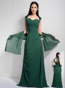 Elegant Dark Green Column Sweetheart Bridesmaid Dress Chiffon Ruch Brush Train