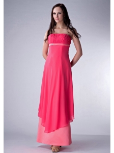 Hot Red and Watermenlon Column Strapless Bridesmaid Dress Chiffon and Satin Ruch Ankle-length