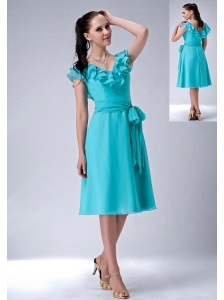 Popular Turquiose Blue Empire V-neck Bridesmaid Dress Chiffon Sash Tea-length