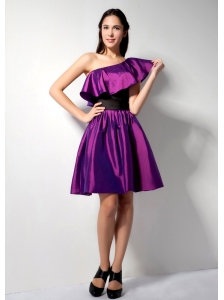 The Most Popular Eggplant Purple A-line One Shoulder Knee-length Taffeta Belt Bridesmaid Dress