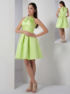 Yellow Green A-line High-neck Bridesmaid Dress Elastic Woven Satin Ruch Knee-length