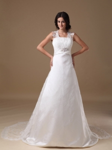 Beautiful A-line Square Wedding Dress Taffeta and Lace Beading Court Train