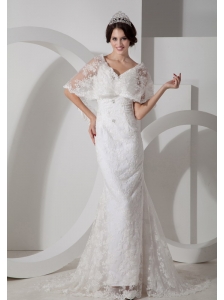 Custom Made Column V-neck Lace Wedding Dress rush Train