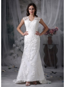 Custom Made Column Wedding Dress V-neck Lace Brush Train