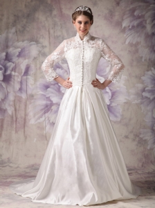 Custom Made Wedding Dress Ivory A-line High-neck Court Train Satin Lace