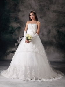 Customize A-line Strapless Wedding Dress Taffeta Lace Hand Made Flowers Court Train