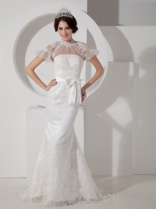 Customize Column High-neck Lace Wedding Dress Sash Brush Train