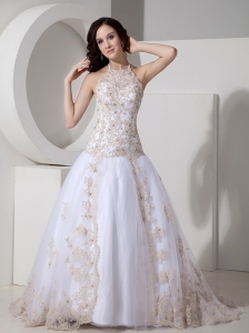 Customize Wedding Dress A-line Halter Tulle Lace Appliques Court Train