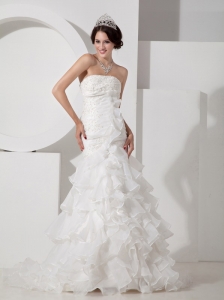 Luxurious Mermaid Wedding Dress Strapless Organza Appliques and Ruch Brush Train