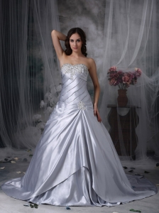 Silver A-line Wedding Dress Strapless Taffeta Beading and Ruch Court Train