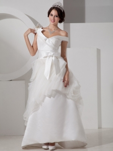 Unique A-line V-neck Satin Sash Wedding Dress Floor-length