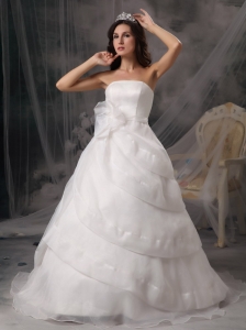 Affordable A-line Strapless Wedding Dress Organza Handle Flowers Court Train