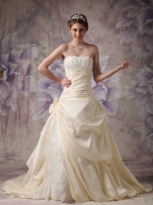 Champagne A-line Strapless Wedding Dress Taffeta and Lace Hand Made Flowers Brush Train