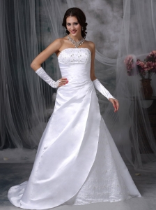Custom Made A-line Strapless Low Cost Wedding Dress Satin Embroidery Court Train
