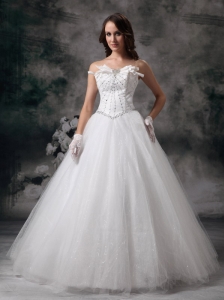 Custom Made A-line Strapless Wedding Dress Tulle Beading Floor-length