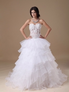 Custom Made A-line Sweetheart Wedding Dress Chapel Train Organza Appliques Chapel Train