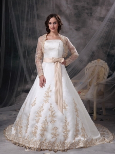 Custom Made A-line Wedding Dress Strapless Satin Embriodery Court Train