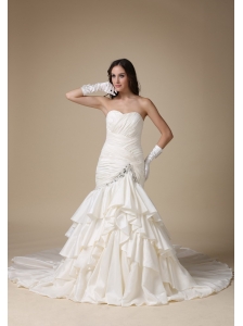Custom Made Mermaid Sweetheart low Cost Wedding Dress  Beading and Ruch Ruffles Taffeta Chapel Train
