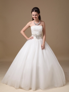Custom Made Strapless Ball Gown Wedding Dress Satin And Tulle Beading Floor-length