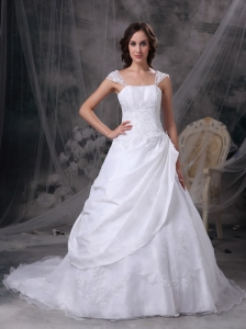 Custom Made White A-line Square Low Cost Wedding Dress Satin and Organza Embriodery Court Train