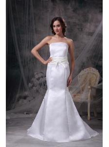 Custom Made White Mermaid Strapless Low Cost Wedding Dress Satin Belt Brush Train