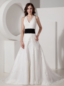 Customize A-line Halter Court Train Satin and Lace Appliques Wedding Dress