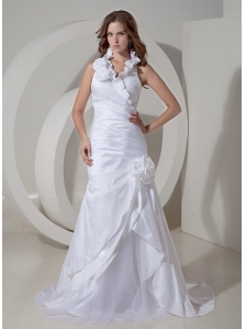 Customize A-line Halter Wedding Dress Taffeta Hand Made Flowers Court Train