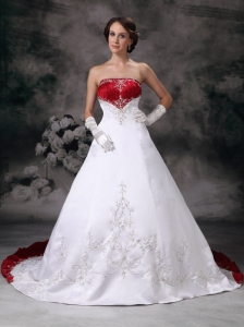 Customize A-line Strapless Wedding Dress Embroidery Satin Chapel Train