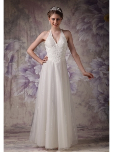 Customize Column Halter Wedding Dress Tulle Beading Floor-length