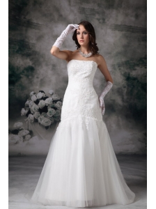 Customize Mermaid Strapless Wedding Dress Tulle Lace Brush Train