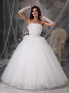 Customize Strapless Ball Gown Wedding Dress Tulle Appliques Floor-length
