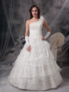 Customize Wedding Dress A-line One Shoulder Satin and Lace Floor-length