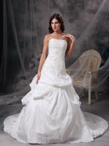 Customize White A-line Strapless Wedding Dress Taffeta Appliques and Lace Court Train
