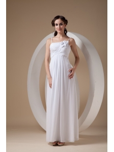 Elegant Empire Spaghetti Straps Wedding Dress Chiffon Ruch and Hand Made Flowers Ankle-length